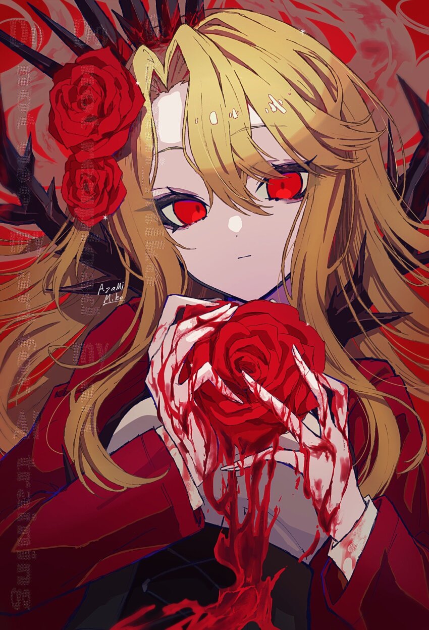 1girl artist_name azami_miko black_crown blonde_hair blood blood_in_hair blood_on_hands branch closed_mouth coat crown don_quixote_(project_moon) e.g.o_(project_moon) flower hair_flower hair_ornament hands_up highres holding holding_flower limbus_company long_hair long_sleeves looking_at_viewer parted_bangs project_moon red_coat red_flower red_rose rose sidelocks solo spikes thorns very_long_hair yearning-mircalla_(e.g.o)