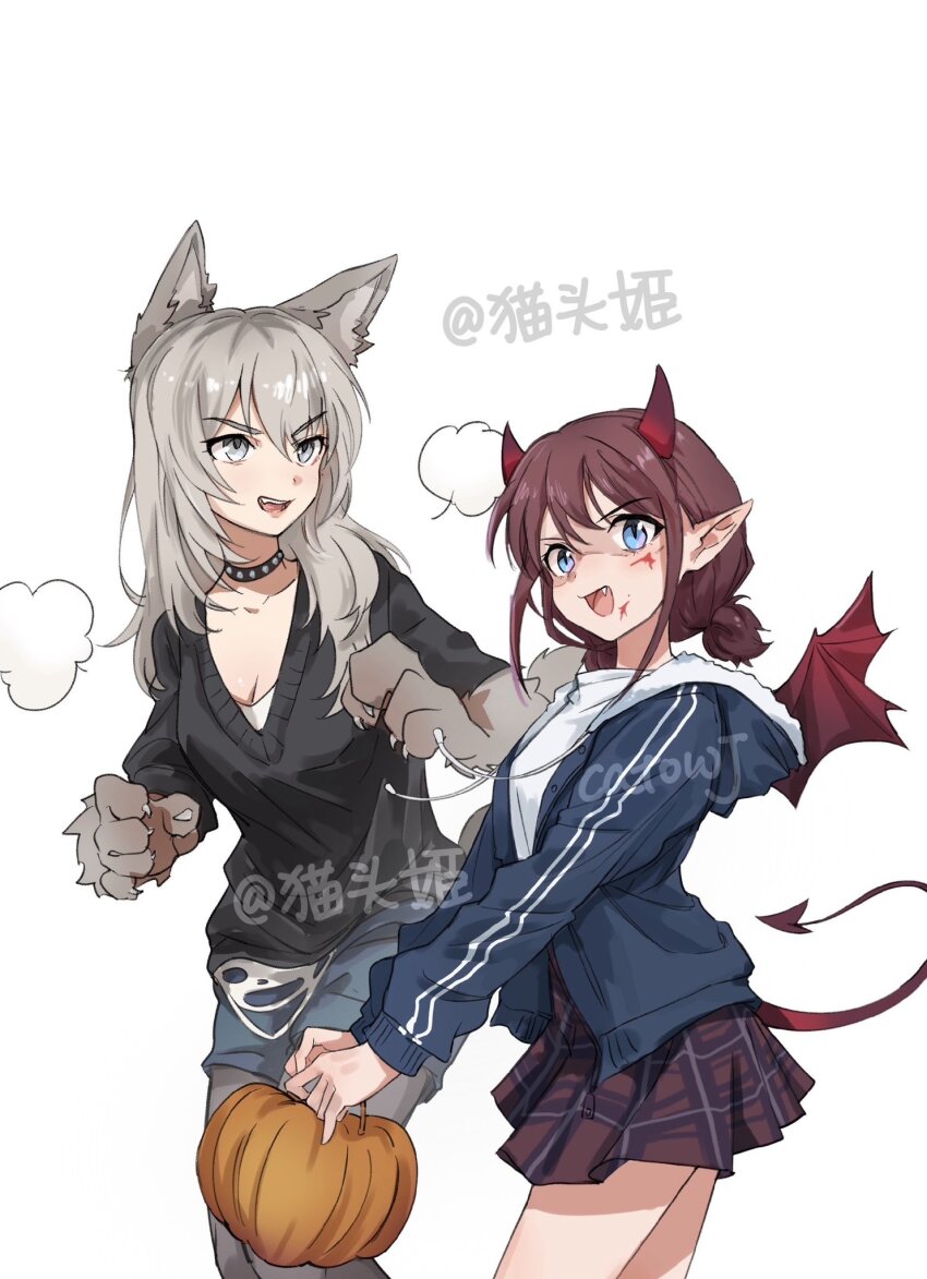 2girls animal_ears animal_hands black_choker black_pantyhose black_sweater blue_eyes blue_jacket blue_shorts breasts brown_hair catowjeemson chinese_commentary choker cleavage commentary demon_horns demon_tail demon_wings english_commentary fang girls_band_cry gloves grey_eyes grey_hair hair_between_eyes highres hood hood_down hooded_jacket horns iseri_nina jacket kawaragi_momoka long_hair long_sleeves looking_at_viewer low_twintails mixed-language_commentary multicolored_hair multiple_girls open_clothes open_jacket open_mouth pantyhose pantyhose_under_shorts paw_gloves plaid_clothes plaid_skirt pleated_skirt pointy_ears pumpkin red_skirt roots_(hair) shirt short_hair short_twintails shorts skirt studded_choker sweater tail teeth twintails upper_teeth_only white_background white_shirt wings wolf_ears