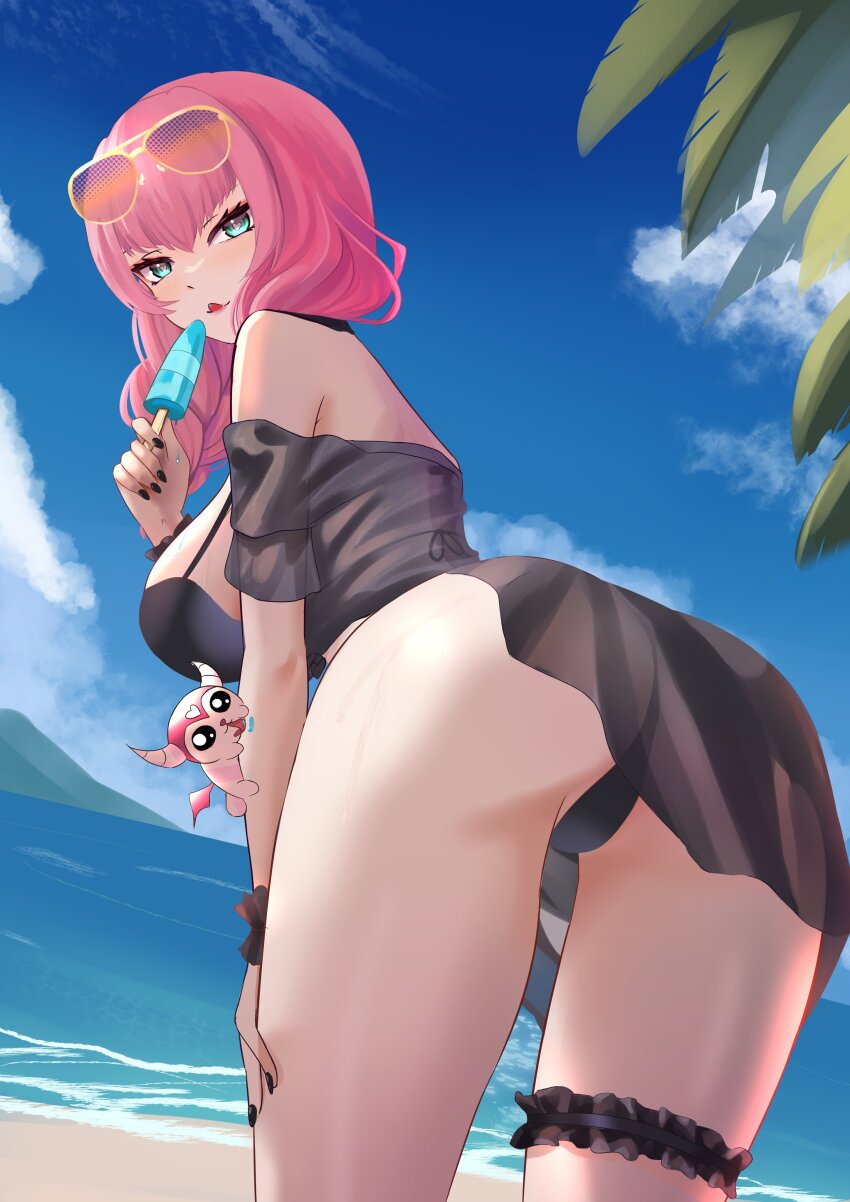 1girl :q absurdres aqua_eyes ass ass_focus bikini black_bikini black_nails black_shirt black_skirt braid breasts closed_mouth condesa_(vtuber) cowboy_shot dot_nose estebaneishon1 eyeshadow female_focus fingernails food from_behind from_below highres holding holding_food holding_ice_cream ice_cream large_breasts leaning_forward licking_lips long_fingernails long_hair looking_at_viewer looking_back low-braided_long_hair low-tied_long_hair makeup nail_polish naughty_face pink-tinted_eyewear pink_eyeshadow pink_hair shirt skirt solo standing sunglasses sunglasses_on_head swimsuit thigh_strap tinted_eyewear tongue tongue_out twisted_torso vampire virtual_youtuber vjin yellow-framed_eyewear