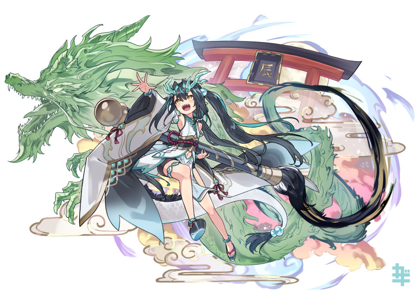 1girl bike_shorts black_footwear black_hair black_shorts blue_hair chinese_zodiac clothing_cutout commentary_request detached_sleeves dragon_girl dragon_horns dragon_tail hair_between_eyes hair_intakes highres holding holding_paintbrush horns japanese_clothes kazana_(sakuto) kimono long_hair long_sleeves multicolored_hair navel navel_cutout original outstretched_arm oversized_object paintbrush platform_footwear sandals shoe_soles shorts simple_background solo streaked_hair tail torii twintails very_long_hair white_background white_kimono white_sleeves wide_sleeves year_of_the_dragon yellow_eyes zouri