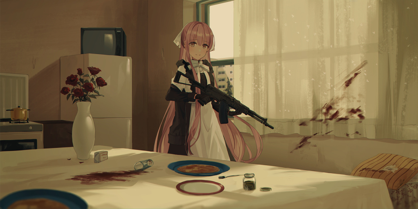 1girl aek-971 apron assault_rifle black_gloves black_jacket black_skirt blood bow brown_eyes building chihuri closed_mouth commentary_request curtains dress_shirt female_focus flower food fork gloves gun hair_between_eyes hair_ribbon holding holding_gun holding_weapon indoors jacket layered_sleeves long_hair long_sleeves open_clothes open_jacket original pillow pink_hair plate puffy_short_sleeves puffy_sleeves red_flower red_rose ribbon rifle rose shirt short_over_long_sleeves short_sleeves skirt sky smile solo standing stove table television transparent vase very_long_hair weapon weapon_request white_apron white_bow white_ribbon white_shirt window yana_(chihuri)