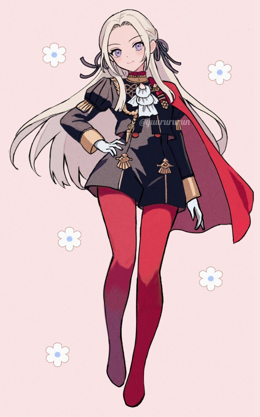 1girl artist_name ascot closed_mouth dot_nose edelgard_von_hresvelg fire_emblem fire_emblem:_three_houses full_body garreg_mach_monastery_uniform gloves hair_ribbon hand_on_own_hip highres long_hair looking_at_viewer nintendo no_shoes pantyhose purple_eyes red_pantyhose ribbon sidelocks smile solo standing twitter_username white_ascot white_gloves white_hair yuurururun