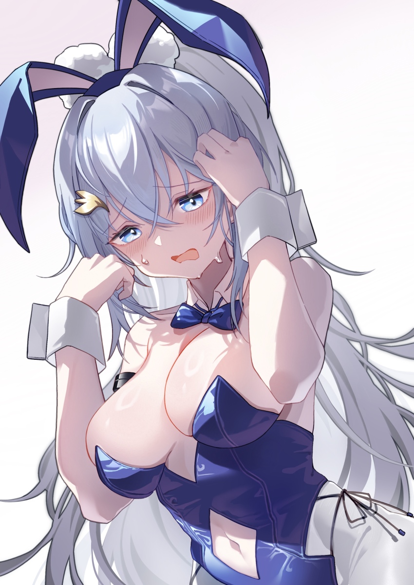 1girl 762807438 :o absurdres animal_ears bare_shoulders blue_eyes blue_hair blue_leotard blush breasts cleavage clothing_cutout embarrassed girls&#039;_frontline_neural_cloud hair_between_eyes half-closed_eyes hands_up highres hip_focus leotard long_hair looking_at_viewer medium_breasts messy_hair midriff navel navel_cutout nervous pantyhose playboy_bunny pom_pom_(clothes) rabbit_ears side-tie_leotard solo standing strapless strapless_leotard undine_(neural_cloud) very_long_hair white_hair wrist_cuffs