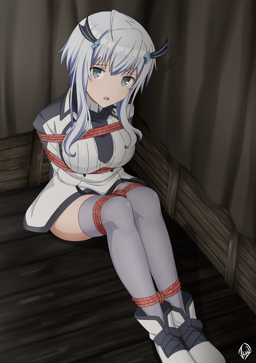 1girl absurdres ahoge ankle_boots aqua_eyes arms_behind_back bdsm blue_hair bondage boots bound bound_ankles bound_arms bound_torso breasts cart collared_dress diamond_hair_ornament dress grey_thighhighs hair_ornament hair_ribbon highres kidnapped kidnapping large_breasts long_hair looking_at_viewer maou_gakuin_no_futekigousha misha_necron multicolored_hair open_mouth red_rope ribbon rope short_hair short_hair_with_long_locks sidelocks thighhighs thighs tongue two-tone_hair vakaosciosa white_dress white_hair wooden_floor