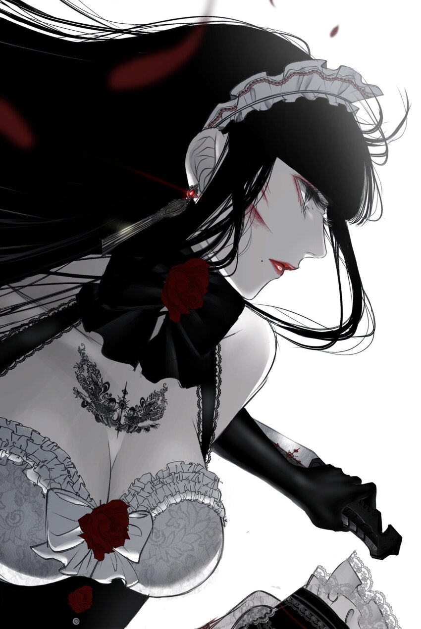 1girl bare_shoulders black_eyes black_hair black_sleeves blunt_bangs breasts chest_tattoo cleavage closed_mouth commentary_request earrings eyeshadow falling_petals from_side highres holding holding_knife jewelry knife large_breasts long_hair looking_to_the_side maid maid_headdress makeup mole mole_under_mouth neck_ribbon original pale_skin petals red_eyeshadow red_lips red_petals ribbon satsuki_kei sidelocks simple_background sketch solo tattoo white_background