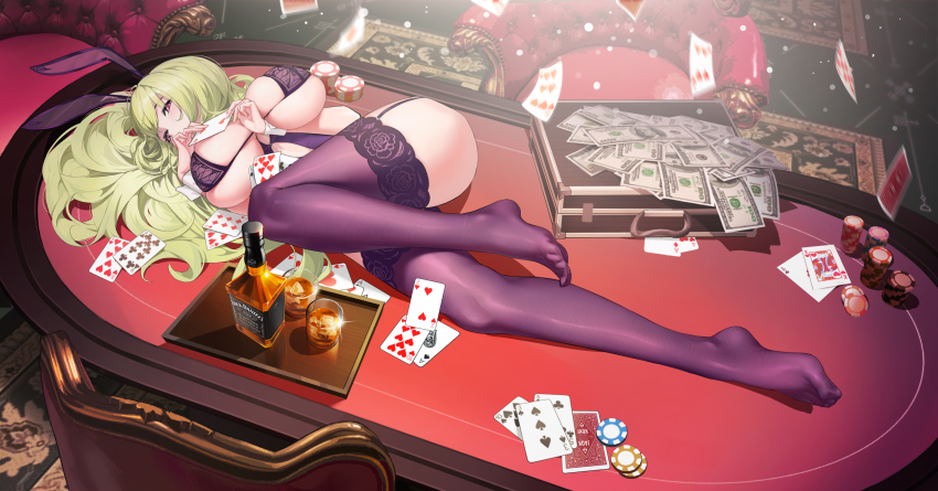 1girl absurdres ace_(playing_card) ace_of_clubs ace_of_diamonds ace_of_spades animal_ears ass azur_lane banknote breasts briefcase card carpet chair club_(shape) commentary_request diamond_(shape) dollar_bill eight_of_hearts fake_animal_ears five_of_clubs floating_card four_of_hearts full_body green_hair highres holding holding_card huge_breasts hundred_dollar_bill ice ice_cube indoors jack_daniel&#039;s king_(playing_card) king_of_hearts_(playing_card) lace lace-trimmed_thighhighs lace_trim large_breasts leotard long_hair looking_at_viewer lying money money_bag napoli_(azur_lane) napoli_(dreamy_night)_(azur_lane) nine_of_clubs nine_of_hearts nontraditional_playboy_bunny official_alternate_costume on_side on_table playboy_bunny playing_card poker_chip poker_table purple_leotard purple_thighhighs rabbit_ears red_eyes shiran1024 six_of_diamonds six_of_hearts six_of_spades solo spade_(shape) table ten_of_hearts ten_of_spades thighhighs three_of_spades two_of_hearts very_long_hair white_wrist_cuffs wrist_cuffs