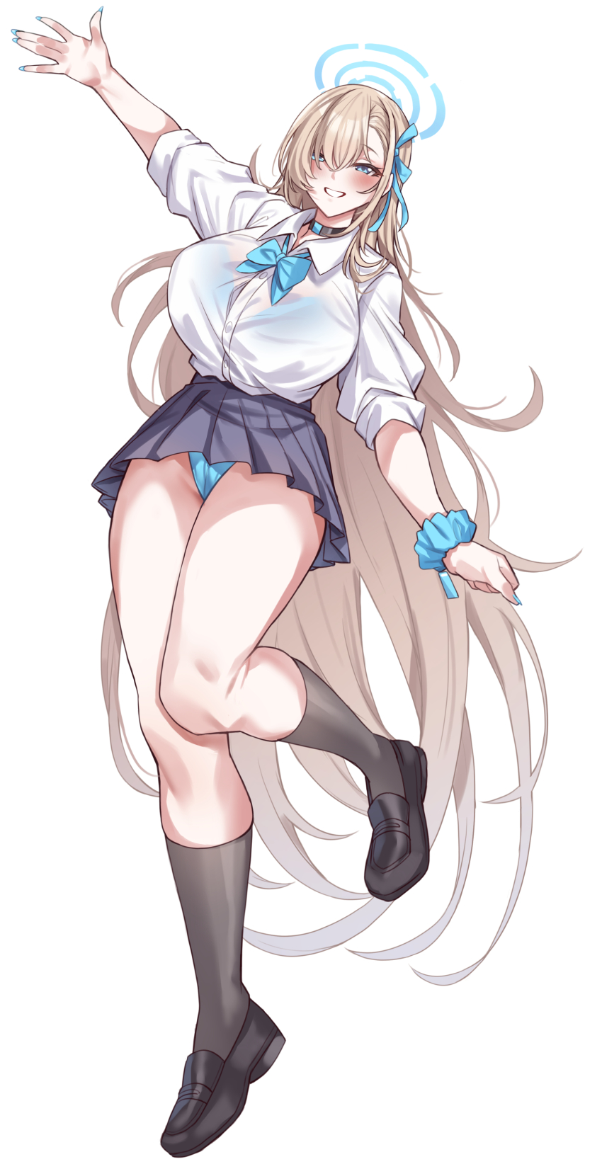 1girl absurdres asuna_(blue_archive) black_skirt blue_archive blue_eyes blue_panties blue_ribbon blush breasts choker collared_shirt dress_shirt full_body grin hair_over_one_eye hair_ribbon halo highres kneehighs large_breasts light_brown_hair loafers long_hair looking_at_viewer panties pleated_skirt ribbon sawayuzu scrunchie shirt shoes skirt sleeves_rolled_up smile socks solo underwear very_long_hair white_shirt wrist_scrunchie