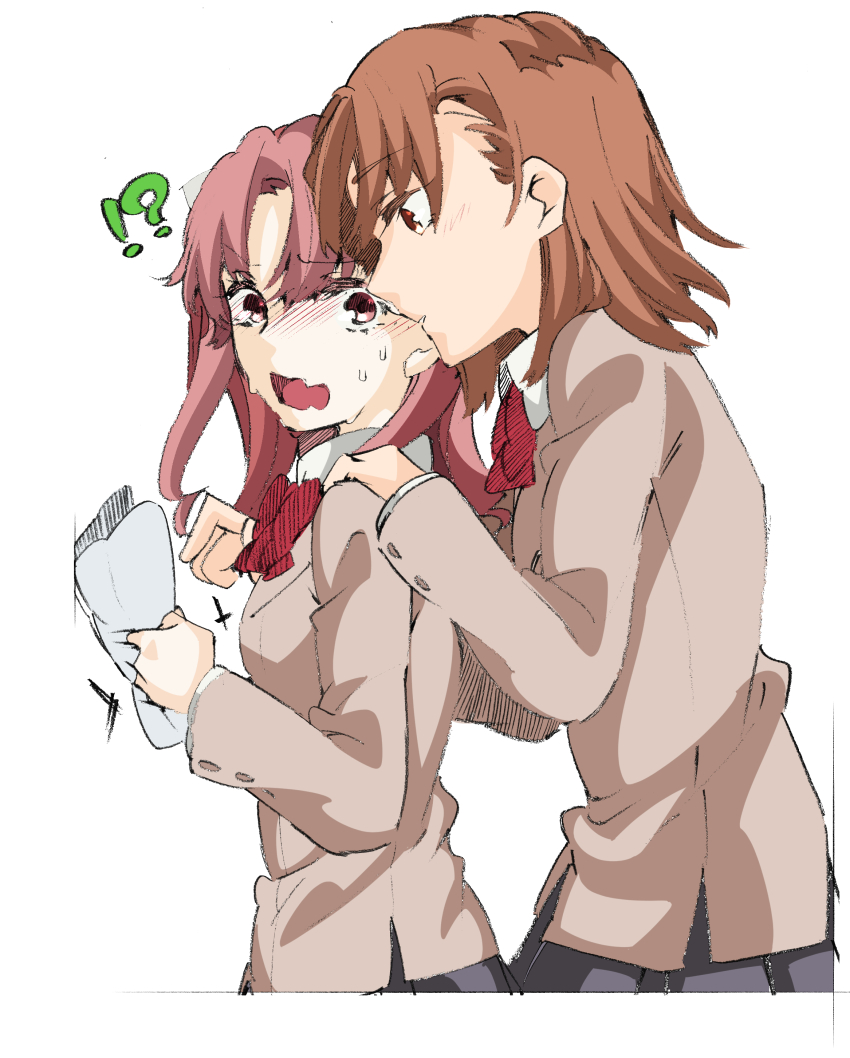 !? 2girls absurdres blazer blush bow bowtie brown_eyes brown_hair brown_jacket commentary_request cropped_torso hair_between_eyes hair_bow hair_ornament hand_on_another&#039;s_shoulder higashizukihi_sei highres holding jacket long_hair long_sleeves looking_at_another medium_hair misaka_mikoto multiple_girls open_mouth pink_hair pleated_skirt red_bow red_bowtie ribbon school_uniform shirai_kuroko shirt simple_background sketch skirt sweat sweatdrop toaru_kagaku_no_railgun toaru_majutsu_no_index tokiwadai_school_uniform tongue wavy_mouth white_background winter_uniform