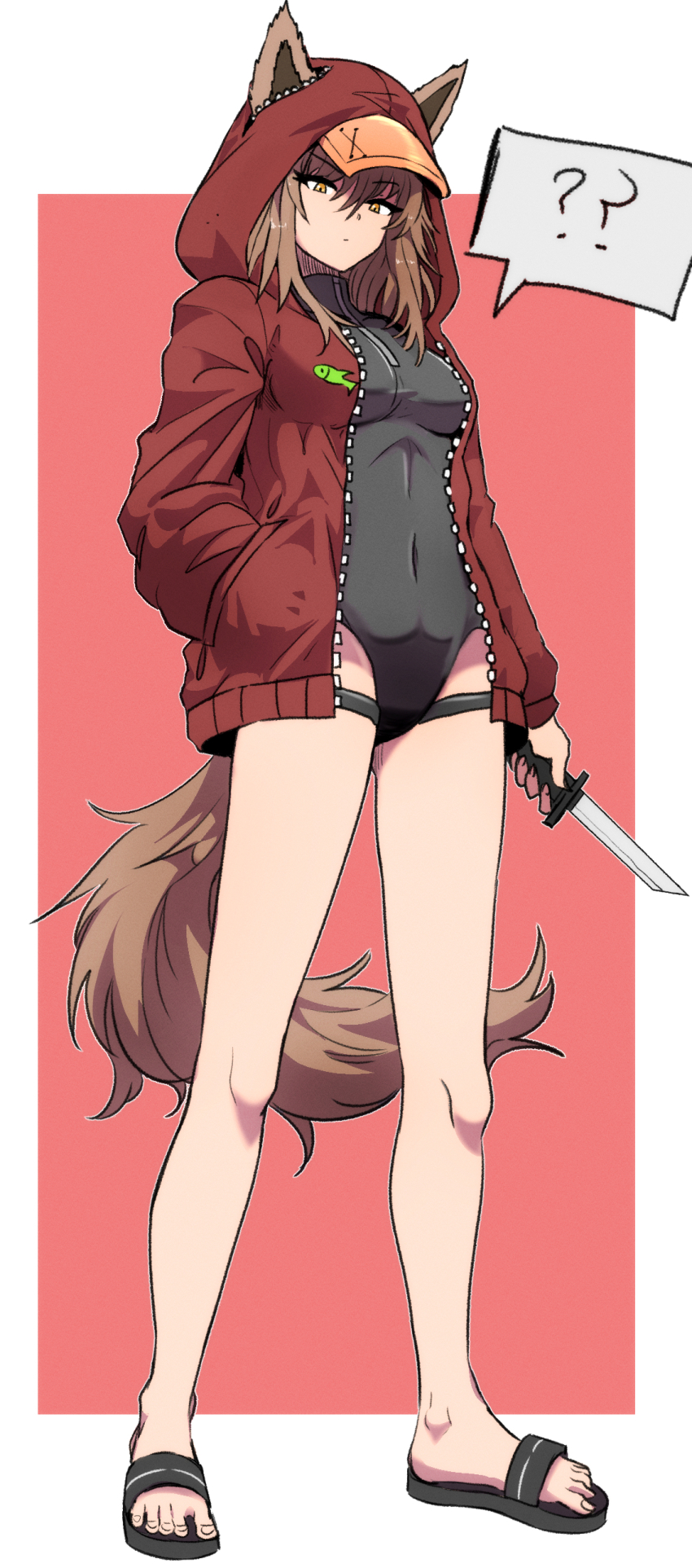 1girl ? absurdres alternate_hair_color animal_ears arknights bare_legs black_footwear black_leotard breasts brown_hair closed_mouth commentary covered_navel ears_through_headwear expressionless full_body hair_between_eyes hand_in_pocket highres holding holding_knife hood hood_up hooded_jacket jacket knife leotard long_hair looking_at_viewer medium_breasts open_clothes open_jacket outline projekt_red_(arknights) red_background red_jacket samacho sandals simple_background solo spoken_question_mark standing tail thigh_strap turtleneck unzipped visor_cap white_outline wolf_ears wolf_girl wolf_tail yellow_eyes