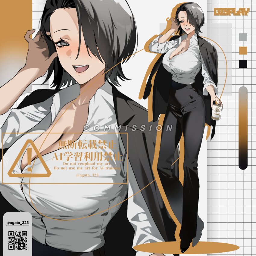 1girl absurdres adjusting_hair agata_323 black_hair black_jacket black_pants blue_eyes blush breasts button_gap can cleavage collared_shirt commentary_request commission dress_pants dress_shirt full_body hair_over_one_eye high-waist_pants high_heels highres holding holding_can huge_breasts jacket jacket_on_shoulders looking_at_viewer mole mole_under_eye open_clothes open_jacket open_mouth original pants qr_code shirt shirt_tucked_in short_hair sleeves_rolled_up solo standing twitter_username white_shirt zoom_layer