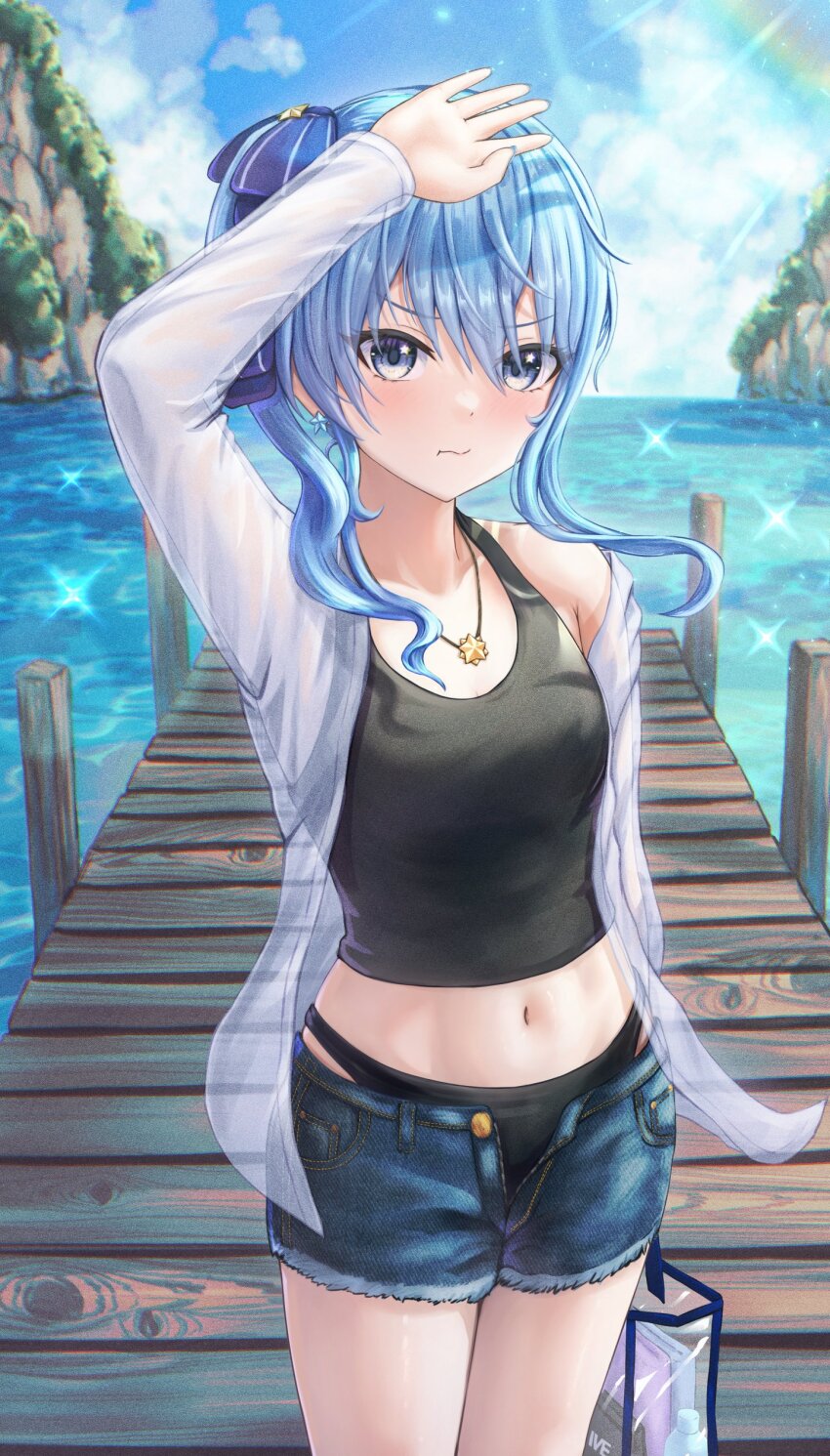 1girl absurdres alternate_costume arm_up bag bikini black_bikini black_tank_top blue_eyes blue_hair blush breasts cowboy_shot crop_top denim denim_shorts dock hair_between_eyes handbag highres hololive hoshimachi_suisei looking_at_viewer midriff navel ocean one_side_up open_clothes open_shirt outdoors see-through_clothes see-through_shirt shading_eyes shirt short_shorts shorts sidelocks small_breasts solo star_(symbol) star_in_eye swimsuit symbol_in_eye tank_top transparent_bag virtual_youtuber wajuniorbox white_shirt