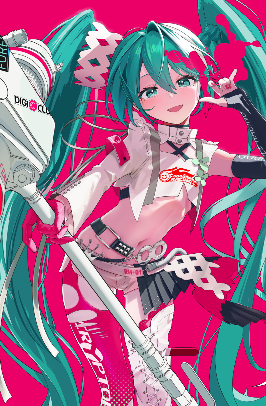 1girl absurdres aqua_eyes asymmetrical_sleeves belt commentary feet_out_of_frame gloves goodsmile_racing hair_between_eyes hatsune_miku highres holding holding_megaphone hxk4_n long_hair looking_at_viewer megaphone micro_shorts midriff navel open_mouth pantyhose pink_background pink_gloves pink_nails pink_pantyhose racing_miku racing_miku_(2025) ribs shorts simple_background single_leg_pantyhose single_sleeve smile solo torn_clothes torn_pantyhose twintails very_long_hair vocaloid white_shorts