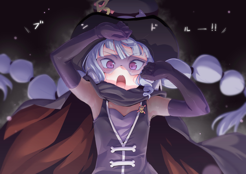 armpits black_cape black_gloves black_hat black_vest blunt_bangs bodystocking bow braid cape delicious_party_precure drill_hair drill_sidelocks elbow_gloves elbow_sleeve eye_mask gentlu_(precure) gloves grey_hair greyscale hat hat_bow highres kakkuu_(clutch_shot_king) kasai_amane long_hair monochrome open_mouth precure purple_bow red_eyes sidelocks sleeveless twin_braids twin_drills two-sided_cape two-sided_fabric vest