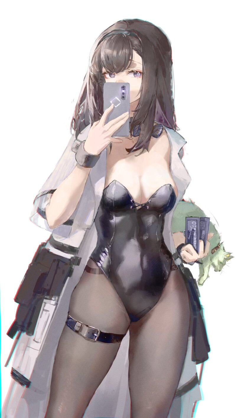 1girl absurdres alternate_costume animal animalization arknights belt black_hairband black_leotard breasts brown_hair brown_pantyhose cat cellphone cleavage coat commentary contrapposto cowboy_shot cross-laced_clothes cross-laced_leotard diamond-shaped_pupils diamond_(shape) english_commentary gandy_(gan3e46) hairband highres holding holding_animal holding_cat holding_phone kal&#039;tsit_(arknights) lab_coat leotard long_hair looking_at_viewer medium_breasts pantyhose phone playboy_bunny priestess_(arknights) purple_eyes selfie simple_background solo standing symbol-shaped_pupils thigh_belt thigh_strap thighs white_background white_coat wrist_cuffs