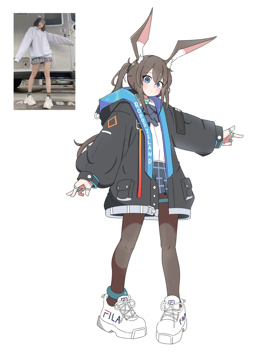 1girl absurdres amiya_(arknights) animal_ears arknights artistic_error ascot black_jacket black_pantyhose black_skirt blue_ascot blue_eyes blush brown_hair closed_mouth fila finger_gun full_body hand_up highres hood hood_down hooded_jacket jacket jewelry long_hair long_sleeves looking_at_viewer malrangdonut miniskirt multiple_rings open_clothes open_jacket outstretched_arm pantyhose photo-referenced photo_inset pleated_skirt ponytail puffy_long_sleeves puffy_sleeves rabbit_ears rabbit_girl reference_inset ring shirt shoes skirt sneakers solo thigh_strap white_shirt white_shoes