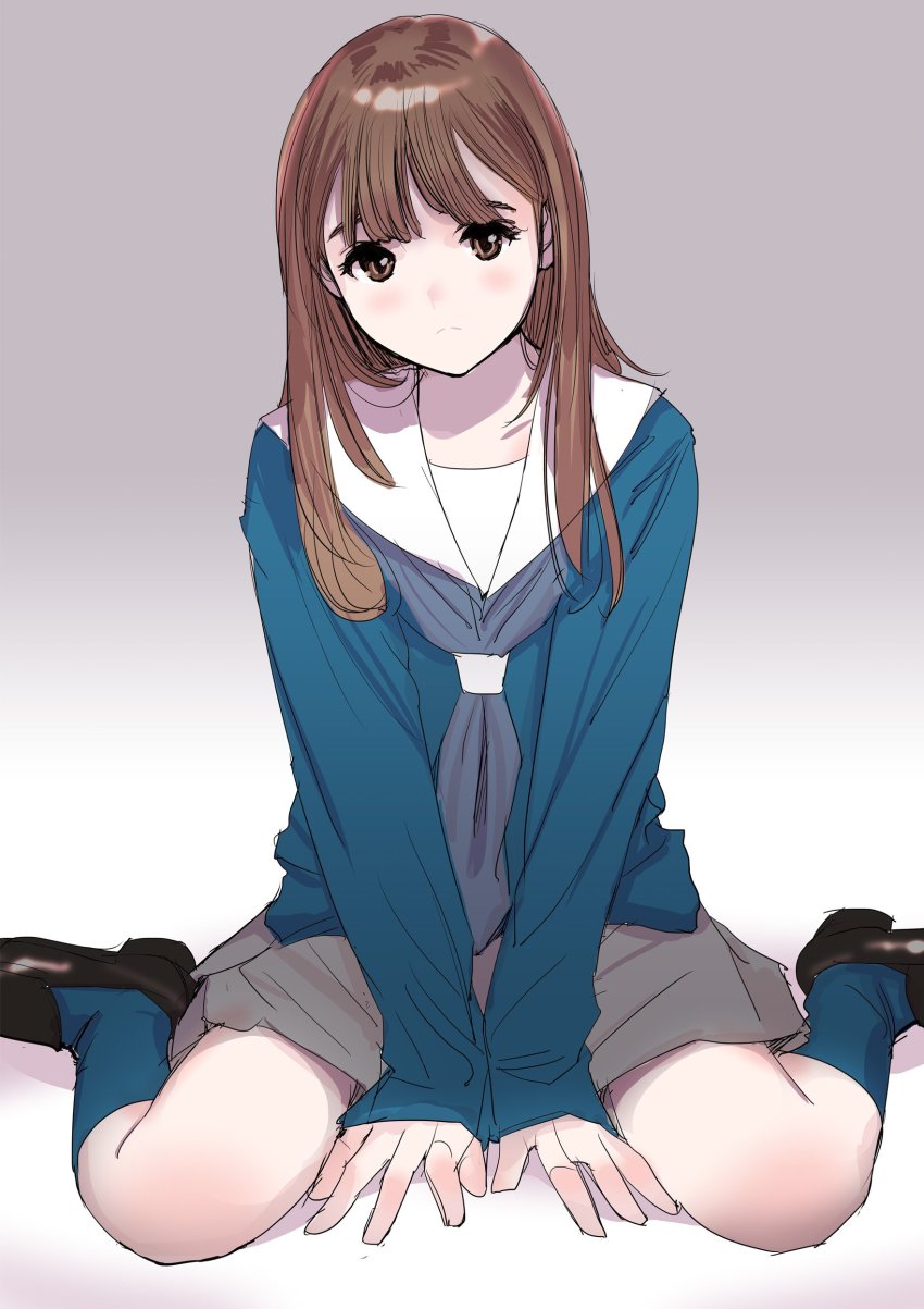 1girl :c absurdres arms_between_legs black_footwear blouse blue_neckerchief blue_shirt blue_socks blush brown_hair closed_mouth commentary_request dytm female_focus gradient_background grey_background grey_skirt headband highres kneehighs loafers long_hair long_sleeves looking_at_viewer neckerchief on_floor original sailor_collar shirt shoes sitting skirt socks solo v_arms wariza white_sailor_collar