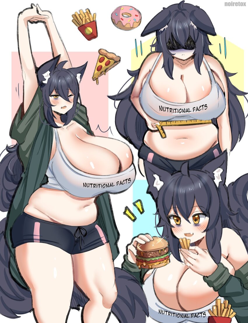 animal_ear_fluff animal_ears arms_up bags_under_eyes blush breasts burger cleavage crop_top doughnut eating fang food french_fries highres huge_breasts jacket navel noiretox open_clothes open_jacket open_mouth original pizza pizza_slice plump short_shorts shorts stretching tail weight_conscious wolf_ears wolf_girl wolf_tail yellow_eyes