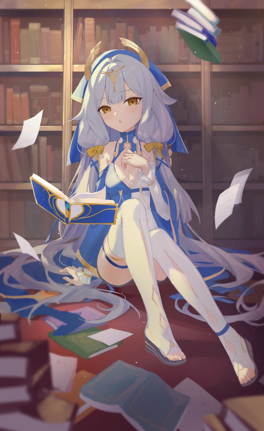 1girl :o absurdres bare_shoulders blue_dress blue_sleeves blue_veil book bookshelf chinese_commentary commentary_request dress full_body hair_ornament hair_ribbon highres holding holding_book honkai_(series) honkai_impact_3rd long_hair long_sleeves looking_at_viewer open_mouth paper pmg ribbon serapeum_(honkai_impact) sitting solo thighhighs tress_ribbon veil very_long_hair white_hair white_thighhighs yellow_eyes yellow_ribbon