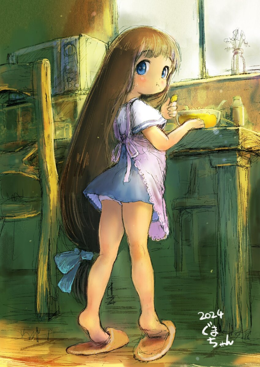 1girl apron ass blue_eyes blush brown_hair chair child dress eating feet food from_behind guma highres indoors legs long_hair looking_back low-tied_long_hair microwave original panties panty_peek pink_apron slippers soles solo standing table thighs underwear very_long_hair white_panties window