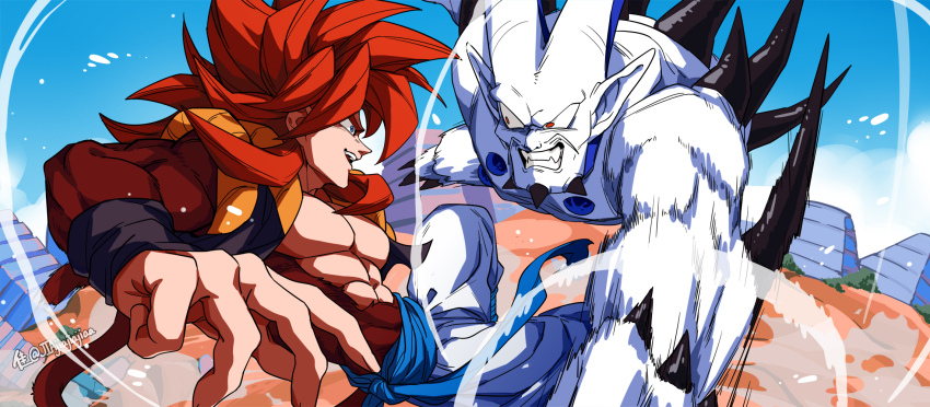 2boys abs artist_name battle black_vest blue_eyes body_fur brown_fur brown_tail clenched_teeth colored_skin dodging dragon dragon_ball dragon_ball_gt gogeta highres jiajiajiajiaa long_hair male_focus metamoran_vest monkey_tail multiple_boys muscular muscular_male omega_shenron open_clothes open_vest pants punching red_hair smear_frame spiked_hair spikes super_saiyan super_saiyan_4 syn_shenron tail teeth vest white_pants white_skin