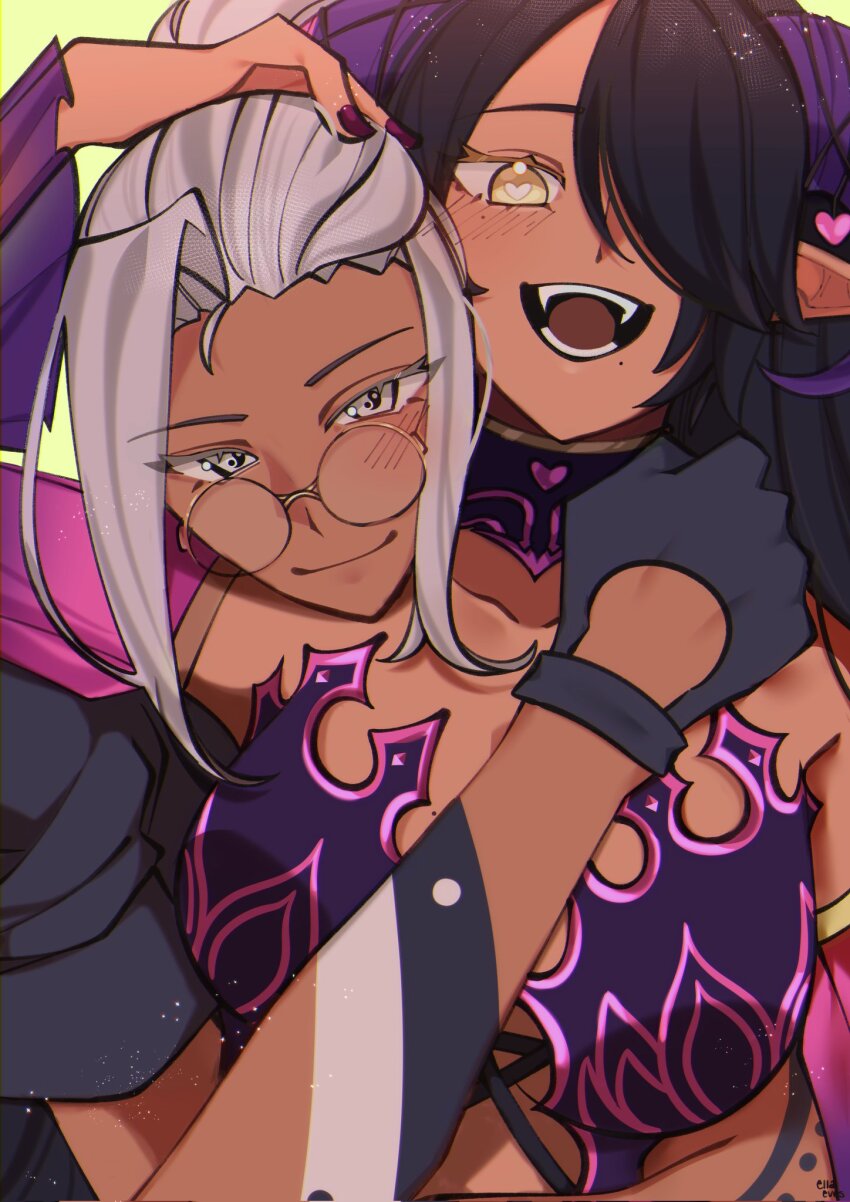 1boy 1girl black_gloves black_hair blush breasts collarbone commentary commission couple dark-skinned_female dark-skinned_male dark_skin ella_eves english_commentary eyelashes fangs froot_(succufroot) gloves grey_eyes grey_hair hair_over_one_eye happy heart heart-shaped_pupils highres horns hug hug_from_behind indie_virtual_youtuber large_breasts light_particles long_hair looking_at_viewer mole mole_under_mouth nail_polish pointy_ears ponytail round_eyewear second-party_source smile symbol-shaped_pupils upper_body yellow_eyes