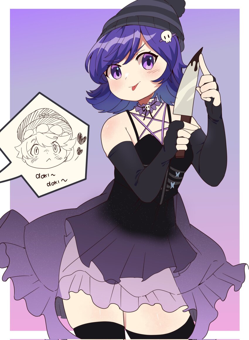 1boy 1girl beanie blush dress elbow_gloves fingerless_gloves glitch_productions gloves hair_ornament hat highres humanization knife murder_drones n_(murder_drones) personification purple_hair skull_hair_ornament tongue tongue_out uzi_(murder_drones) white_hair