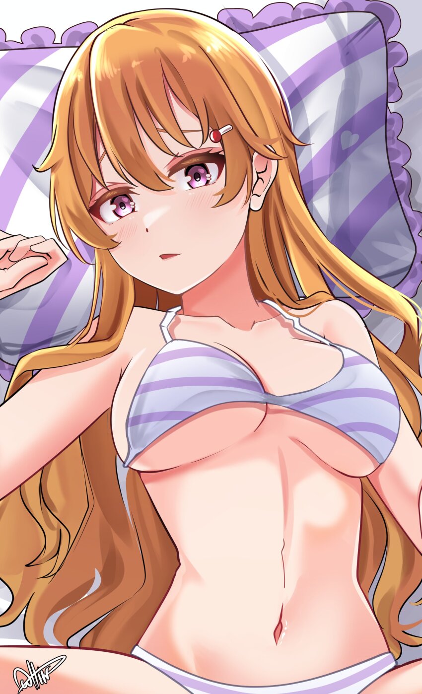 1girl absurdres bikini blush breasts brown_hair commentary frilled_pillow frills head_on_pillow highres konoe_kanata large_breasts long_hair looking_at_viewer love_live! love_live!_nijigasaki_high_school_idol_club navel parted_lips pillow purple_bikini purple_eyes solo spread_legs stomach striped_bikini striped_clothes striped_pillow swimsuit symbol-only_commentary upper_body wavy_hair whin