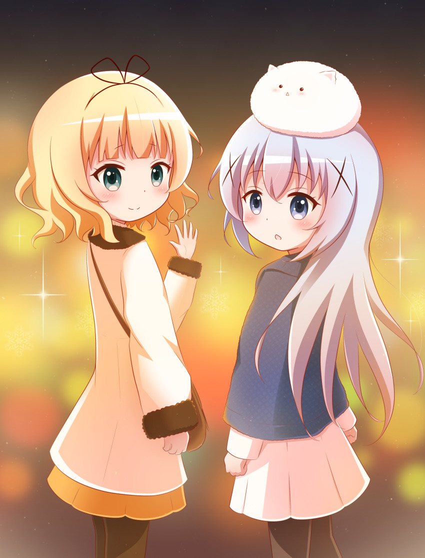 2girls :&lt; :o angora_rabbit animal animal_on_head bag black_legwear black_ribbon blonde_hair blue_capelet blue_eyes blue_hair blush brown_skirt capelet closed_mouth commentary english_commentary feet_out_of_frame from_behind fur-trimmed_jacket fur-trimmed_sleeves fur_trim gochuumon_wa_usagi_desu_ka? goth_risuto green_eyes hair_between_eyes hair_ornament hair_ribbon highres jacket kafuu_chino kirima_syaro long_sleeves looking_at_viewer looking_back multiple_girls on_head pantyhose parted_lips pleated_skirt rabbit ribbon shoulder_bag skirt sleeves_past_wrists smile standing tippy_(gochiusa) triangle_mouth white_jacket white_skirt x_hair_ornament