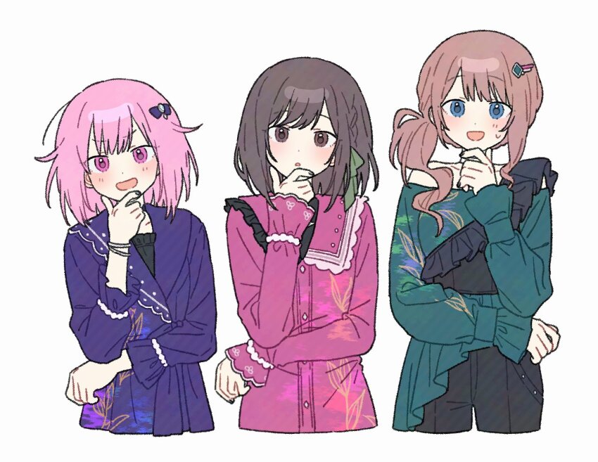 3girls asymmetrical_hair blue_eyes blush braid brown_eyes brown_hair cocov cropped_legs cropped_torso hair_ornament hairclip hand_on_own_chin korean_commentary long_sleeves looking_at_viewer mochizuki_honami multiple_girls ootori_emu pink_eyes pink_hair project_sekai shinonome_ena simple_background stroking_own_chin white_background