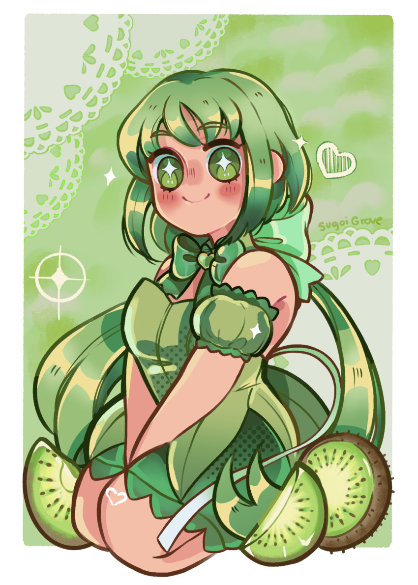 1girl breasts choker commentary detached_sleeves dress english_commentary food fruit green_choker green_dress green_eyes green_hair highres kiwi_(fruit) long_hair magical_girl mew_lettuce midorikawa_lettuce puffy_detached_sleeves puffy_sleeves sitting smile solo sugoigrove tokyo_mew_mew