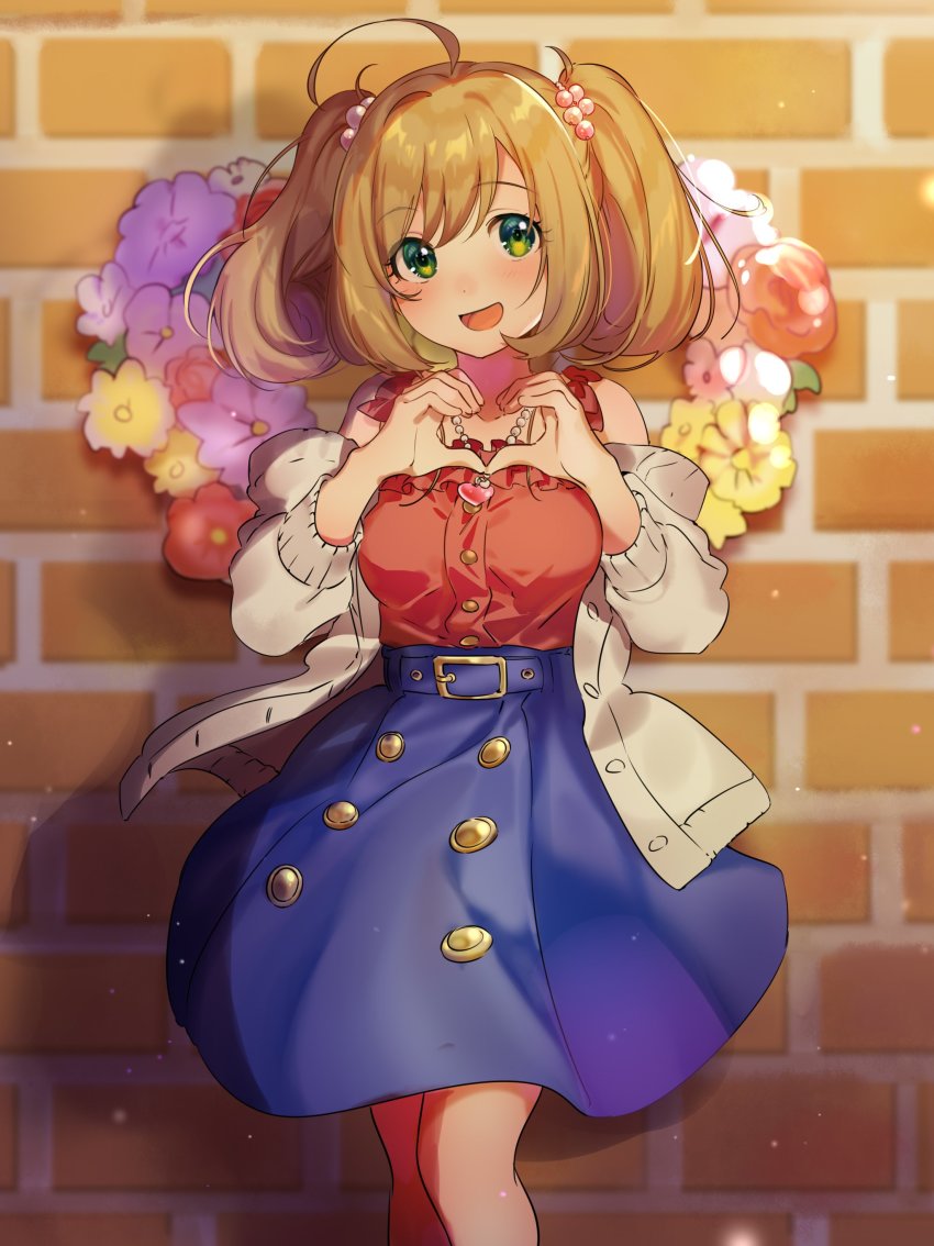 1girl :d absurdres ahoge beige_cardigan belt blonde_hair blouse blue_skirt blush breasts brick_wall buttons cardigan commentary dot_nose female_focus flower_wreath green_eyes hair_bobbles hair_ornament heart heart-shaped_wreath heart_hands heart_pendant highres idolmaster idolmaster_cinderella_girls idolmaster_cinderella_girls_starlight_stage jewelry medium_breasts medium_skirt necklace off_shoulder open_cardigan open_clothes open_mouth outdoors pearl_necklace red_shirt sato_shin shirt skirt smile solo standing twintails wreath yumesaki_nana