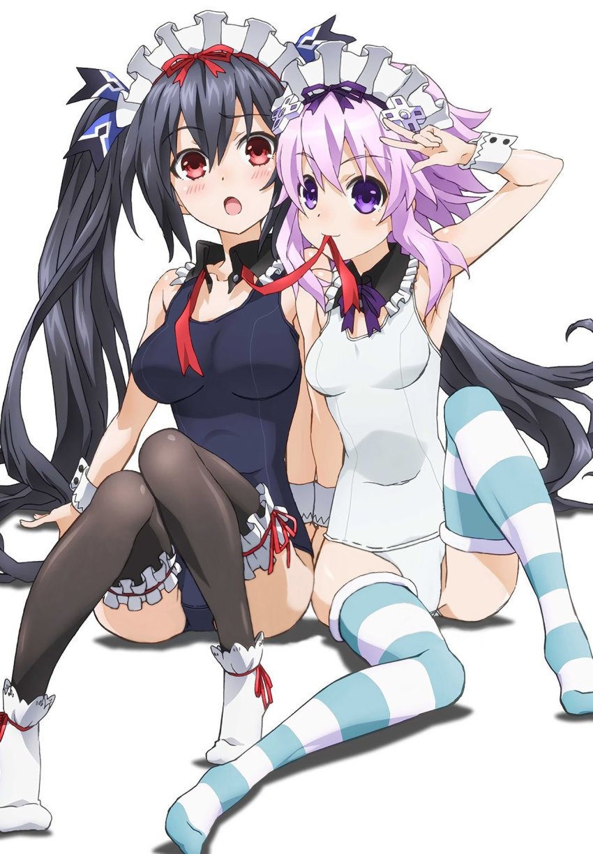 armpits bare_shoulders black_hair breasts changing collar cuffs hairband half_dressed highres leggings long_hair medium_breasts neptune_(neptunia) neptune_(series) noire_(neptunia) official_art open_mouth panties purple_eyes purple_hair red_eyes ribbon short_hair small_breasts socks surprised thighs tsundere underwear vest