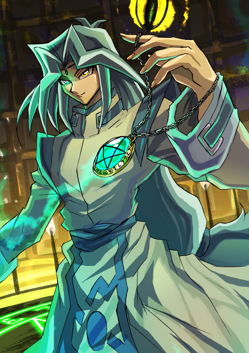 1boy absurdres aqua_eyes aqua_hair bright_pupils dartz_(yu-gi-oh!) disembodied_eye fire forehead_jewel heterochromia highres holding holding_jewelry holding_necklace jewelry long_hair long_sleeves looking_at_viewer low-tied_long_hair male_focus necklace orichalcos robe solo torch trenemre unicursal_hexagram upper_body very_long_hair white_pupils white_robe yellow_eyes yu-gi-oh! yu-gi-oh!_duel_monsters