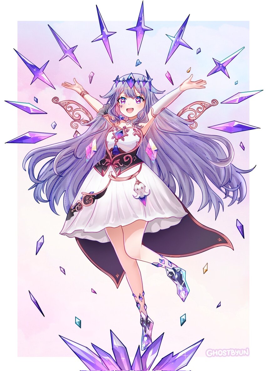 1girl :d arms_up black_corset chest_jewel corset detached_collar detached_sleeves dress gem ghosttbyun grey_hair headpiece heart heart_in_eye highres hololive hololive_english jewel_under_eye koseki_bijou koseki_bijou_(1st_costume) long_hair looking_at_viewer metal_wings open_mouth purple_gemstone smile solo symbol_in_eye virtual_youtuber white_dress white_sleeves