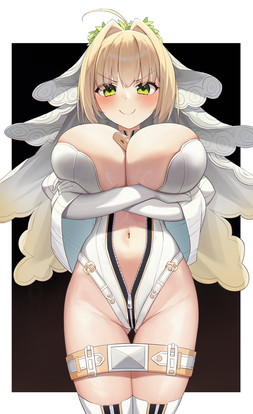 1girl absurdres ahoge bare_shoulders belt blonde_hair blush breasts bridal_veil center_opening cleavage crossed_arms detached_collar detached_sleeves elbow_gloves fate/extra fate/extra_ccc fate/grand_order fate_(series) gloves gluteal_fold green_eyes hair_intakes head_wreath highleg highleg_leotard highres huge_breasts leotard lock looking_at_viewer medium_hair mushi_(1756559585) navel nero_claudius_(bride)_(fate) nero_claudius_(bride)_(second_ascension)_(fate) nero_claudius_(fate) nero_claudius_(fate)_(all) padlock partially_unzipped puffy_sleeves smile solo thigh_gap thighhighs thighs veil white_gloves white_leotard white_thighhighs wide_sleeves zipper zipper_pull_tab