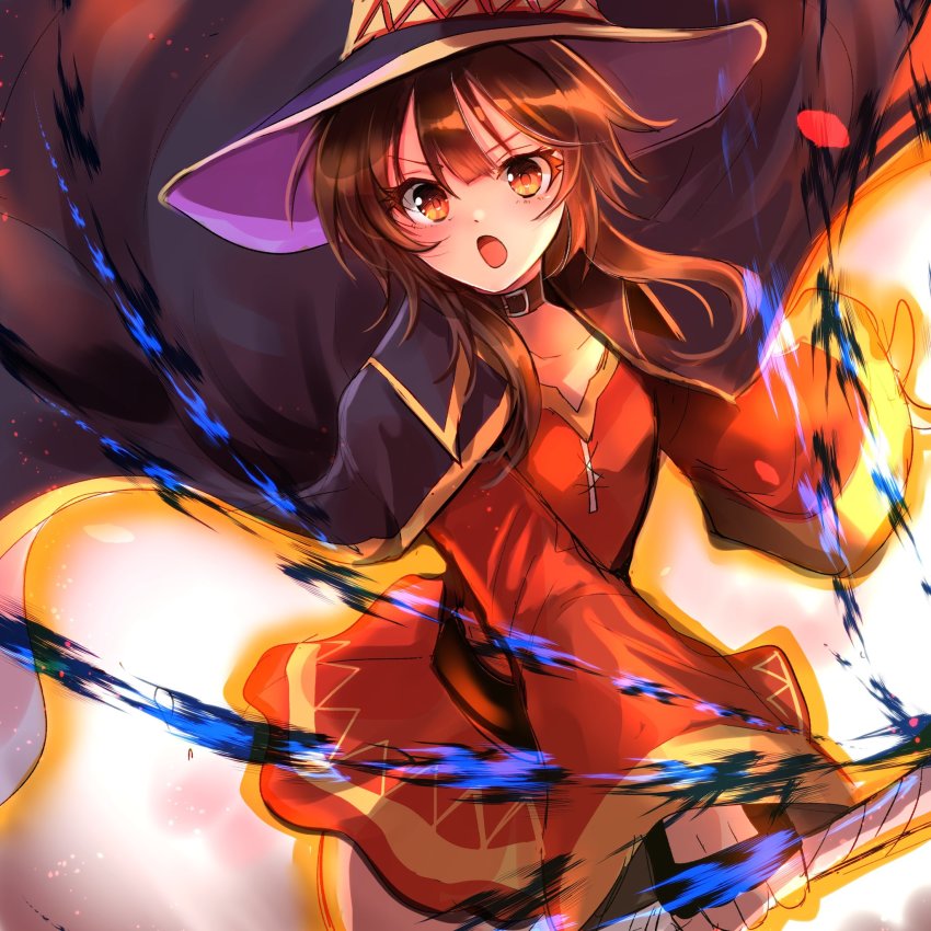 1girl :o any813 belt black_belt black_cape black_choker blush brown_eyes brown_hair cape choker collarbone commentary dress explosion fingerless_gloves gloves hair_between_eyes hat highres holding holding_staff kono_subarashii_sekai_ni_shukufuku_wo! light_trail looking_at_viewer megumin motion_blur open_mouth purple_hat red_dress short_hair short_hair_with_long_locks shouting solo staff v-shaped_eyebrows witch_hat