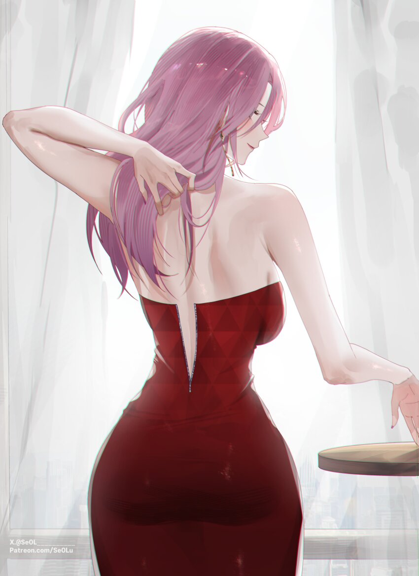 1girl absurdres arm_up ass bare_shoulders breasts closed_mouth commentary cowboy_shot curtains dress earrings english_commentary from_behind highres honkai:_star_rail honkai_(series) jade_(honkai:_star_rail) jewelry long_hair looking_back paid_reward_available patreon_username pink_hair red_dress seol_(baconontheclock) smile solo strapless strapless_dress twitter_username unzipped zipper