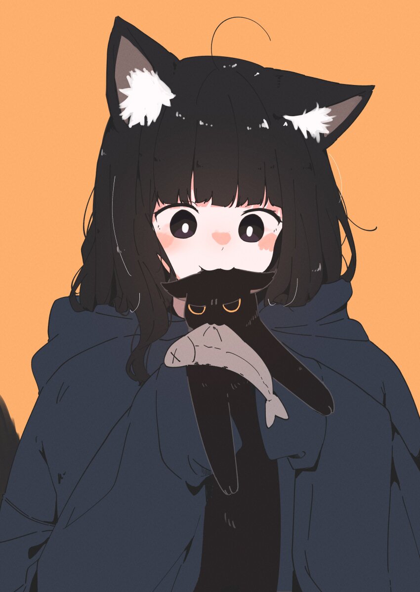 1girl :3 absurdres animal animal_ear_fluff animal_ears black_cat black_eyes black_hair black_hoodie blunt_bangs cat cat_ears cat_girl fish highres holding holding_animal holding_cat holding_fish hood hoodie megateru orange_background original yellow_eyes