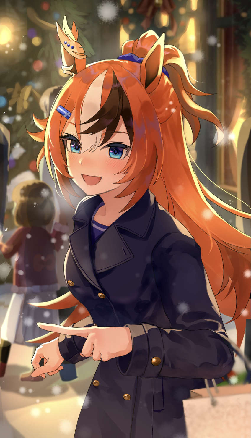 1girl :d animal_ears blue_coat blue_eyes blush brown_hair bubble_gum_fellow_(umamusume) buttons coat double-breasted hair_ornament hairclip highres horse_ears horse_girl long_hair multicolored_hair open_mouth orange_hair pointing school_uniform smile solo tainy_y tracen_school_uniform tracen_winter_coat umamusume white_hair winter_clothes winter_coat