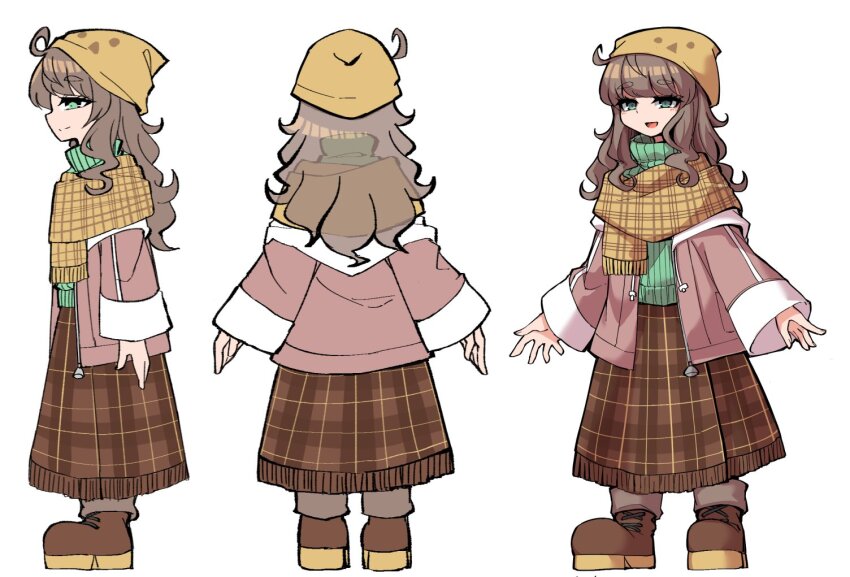 1boy a.i._voice blunt_bangs brown_hair brown_skirt reference_sheet coat full_body fun_bo green_eyes green_sweater kurita_maron long_hair long_sleeves looking_at_viewer niconico official_art open_mouth pink_coat simple_background skirt smile standing sweater thick_eyebrows trap white_background wide_sleeves yellow_headwear