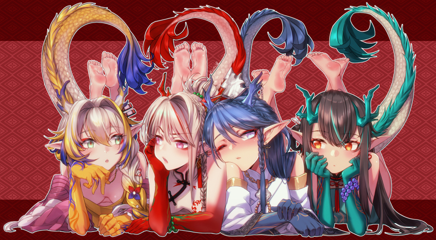 4girls arknights barefoot black_hair blonde_hair blue_eyes blue_hair brown_eyes dragon_horns dragon_tail dusk_(arknights) feet green_eyes highres horns ling_(arknights) long_hair lying multicolored_hair multiple_girls nian_(arknights) on_stomach one_eye_closed open_mouth parted_lips pointy_ears red_eyes shu_(arknights) shu_(spring_feast)_(arknights) soles streaked_hair tail toes yamauchi_(conan-comy)