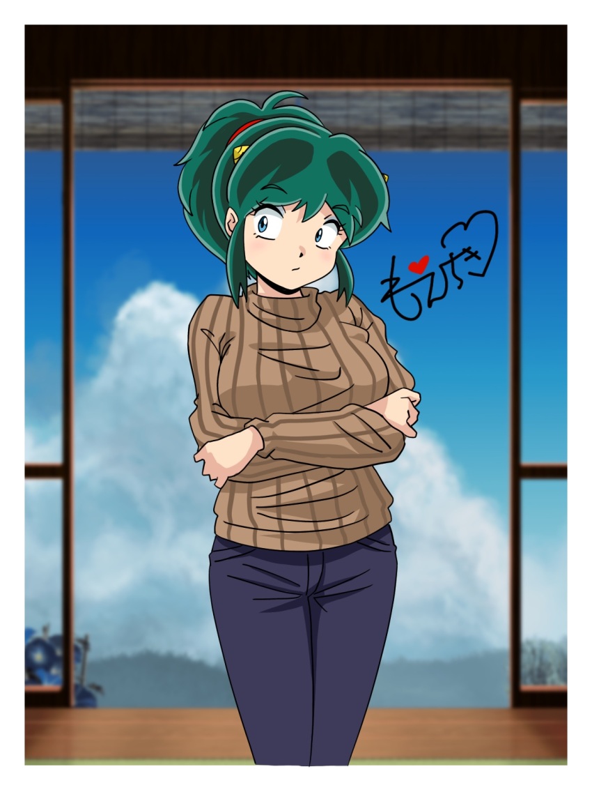 :/ black_pants brown_sweater casual cloud cloudy_sky cone_horns crossed_arms cumulonimbus_cloud day door green_hair high_ponytail highres horns looking_at_viewer lum moechiki pants pointy_ears ponytail sidelocks signature sky standing striped_clothes striped_sweater sweater turtleneck turtleneck_sweater urusei_yatsura vertical-striped_sweater