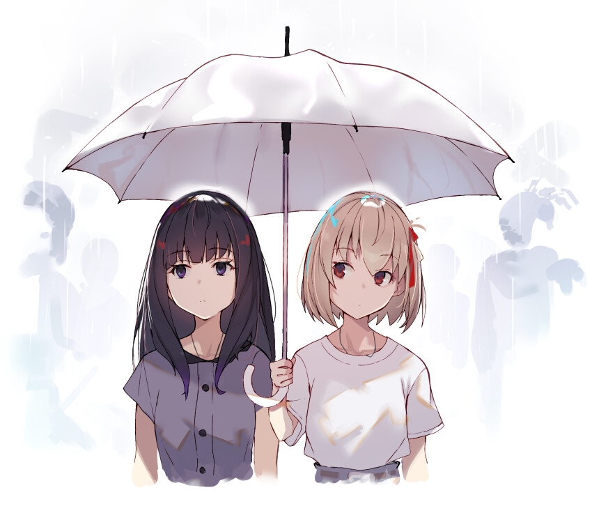 2girls :o black_hair blonde_hair closed_mouth collarbone commentary cropped_torso expressionless grey_shirt hair_between_eyes hair_ribbon highres holding holding_umbrella inoue_takina jewelry long_hair looking_at_another lycoris_recoil multiple_girls necklace nishikigi_chisato one_side_up people purple_eyes rain red_eyes red_ribbon ribbon shirt short_hair short_sleeves sidelocks tsukudani_(ore624) umbrella white_background white_shirt