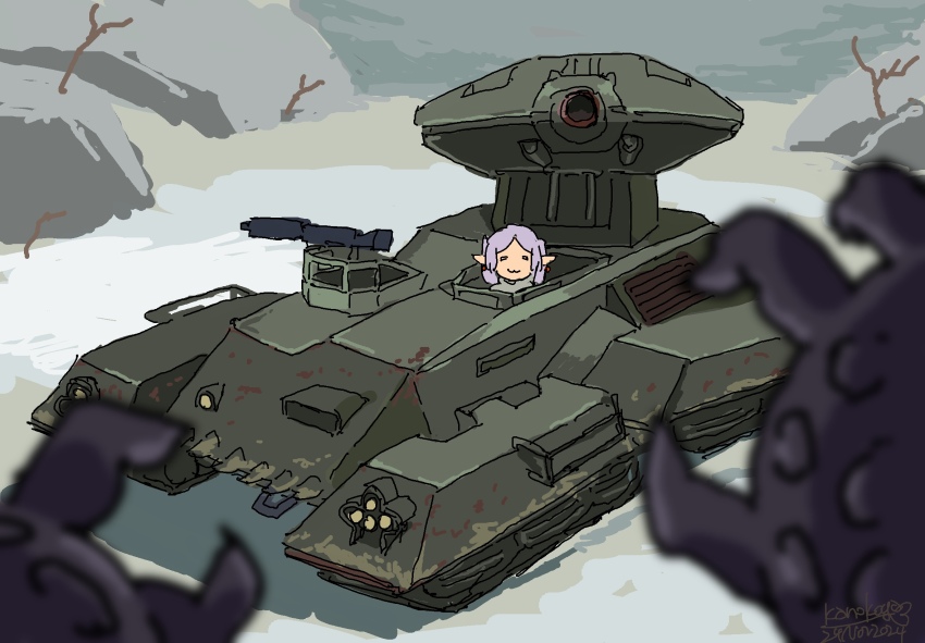 :3 =_= blurry blurry_foreground crossover frieren grey_hair grunt_(halo) hair_behind_ear halo:_combat_evolved halo_(series) highres kanokoga military_vehicle motor_vehicle open_hands parted_bangs pointy_ears pov scorpion_(halo) shadow smile snow sousou_no_frieren tank vehicle_focus