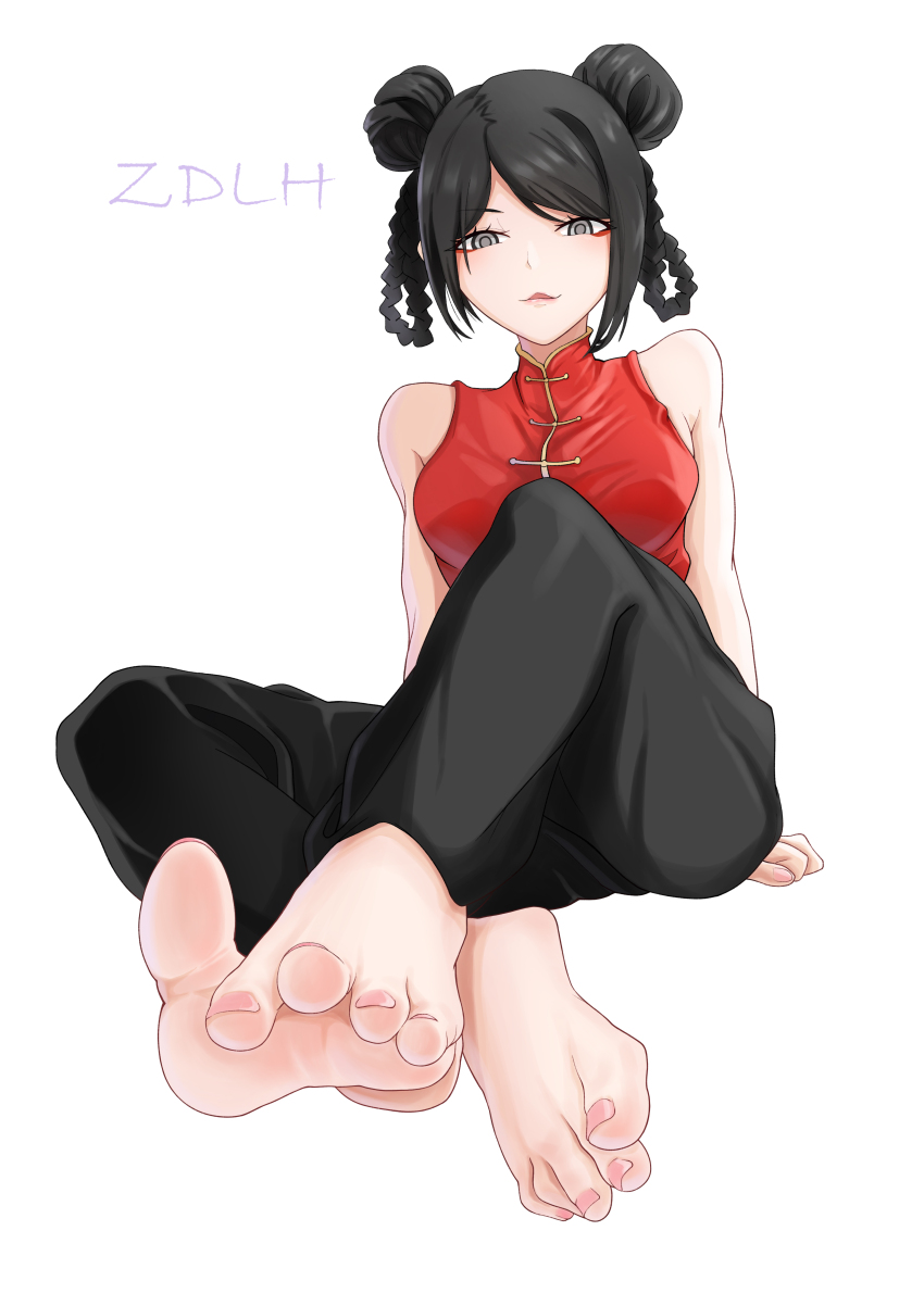 1girl absurdres barefoot black_eyes black_hair chinese_clothes double_bun feet hair_bun highres isshou_senkin long_hair looking_at_viewer sleeveless soles toes white_background yuzuha_lee zdlh