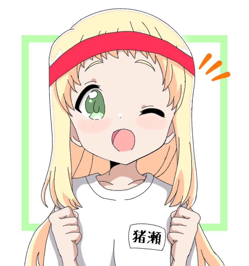 1girl blonde_hair chikadaioshi collarbone dot_nose facing_viewer female_focus green_eyes headband highres inose_mai koisuru_asteroid long_hair name_tag one_eye_closed open_mouth shirt simple_background solo standing white_shirt