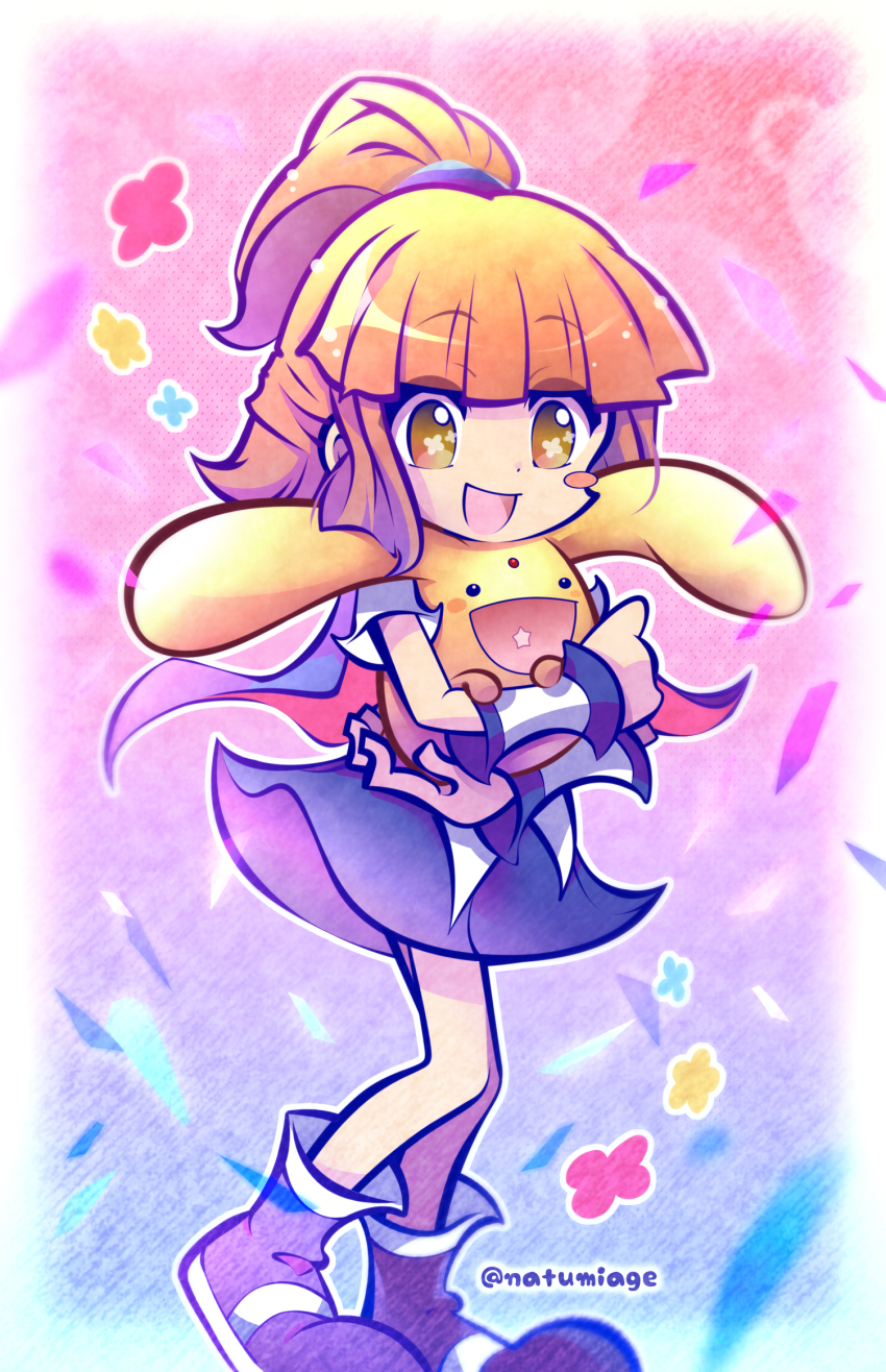 1girl 6632k :d animal animal_hug arle_nadja artist_name blue_footwear blue_skin blunt_bangs blush_stickers boots border bright_pupils brown_eyes carbuncle_(puyopuyo) colored_skin deformed dot_nose downturned_eyes feet_out_of_frame flower-shaped_pupils full_body gradient_background happy heel_up highres looking_at_animal looking_down medium_hair open_mouth orange_hair outline pink_background ponytail purple_background puyopuyo raised_eyebrows sidelocks single_blush_sticker smile solo standing symbol-shaped_pupils three_quarter_view white_border white_outline white_pupils