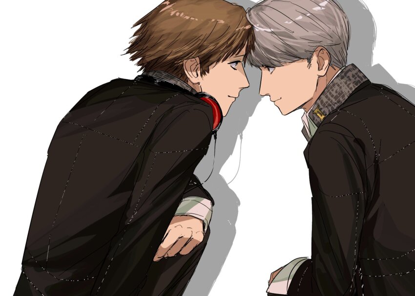 2boys amikoiiko arm_on_knee black_jacket brown_hair closed_mouth collared_jacket couple grey_hair hair_between_eyes hanamura_yousuke hashtag-only_commentary headphones headphones_around_neck heads_together highres jacket knees_up layered_sleeves male_focus multiple_boys narukami_yuu persona persona_4 profile red_headphones school_uniform shadow simple_background sitting smile upper_body white_background yaoi yasogami_school_uniform