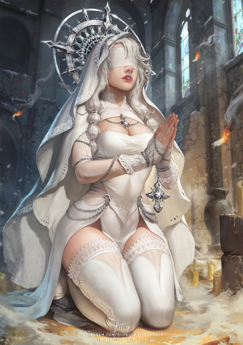 1girl arch blondynkitezgraja breasts candle cape chain church cleavage commentary cross dress english_commentary from_below hair_over_shoulder halo halo_behind_head highres holding holding_cross hood indoors instagram_username kneeling large_breasts long_hair low-tied_long_hair original own_hands_together parted_lips pelvic_curtain praying sleeves_past_wrists solo stained_glass thighhighs thighs twitter_username white_blindfold white_cape white_dress white_hair white_thighhighs