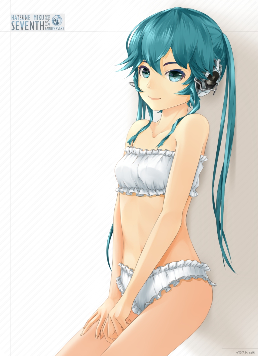 1girl aqua_eyes aqua_hair artist_name bra female_focus hatsune_miku headphones highres long_hair looking_at_viewer panties saiki2 smile solo twintails underwear underwear_only vocaloid white_panties